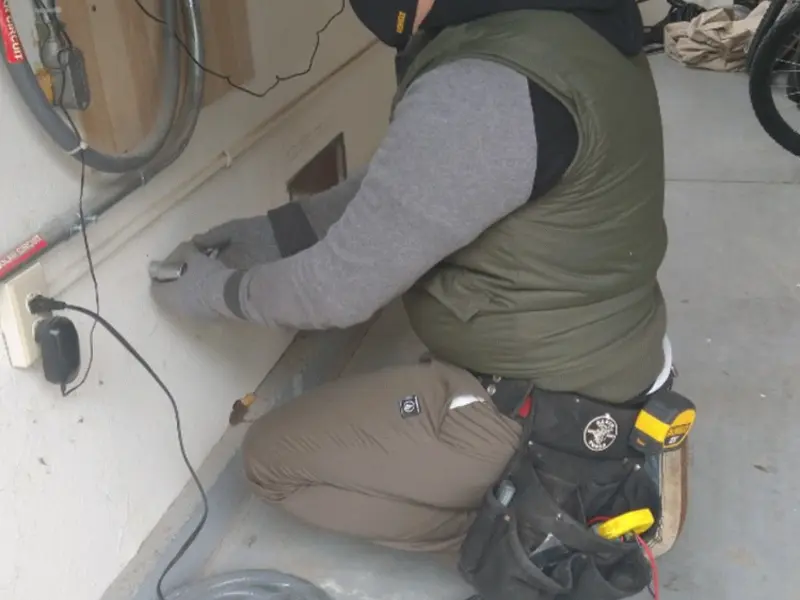 Electrician performing outlet wiring in a Horizon City garage
